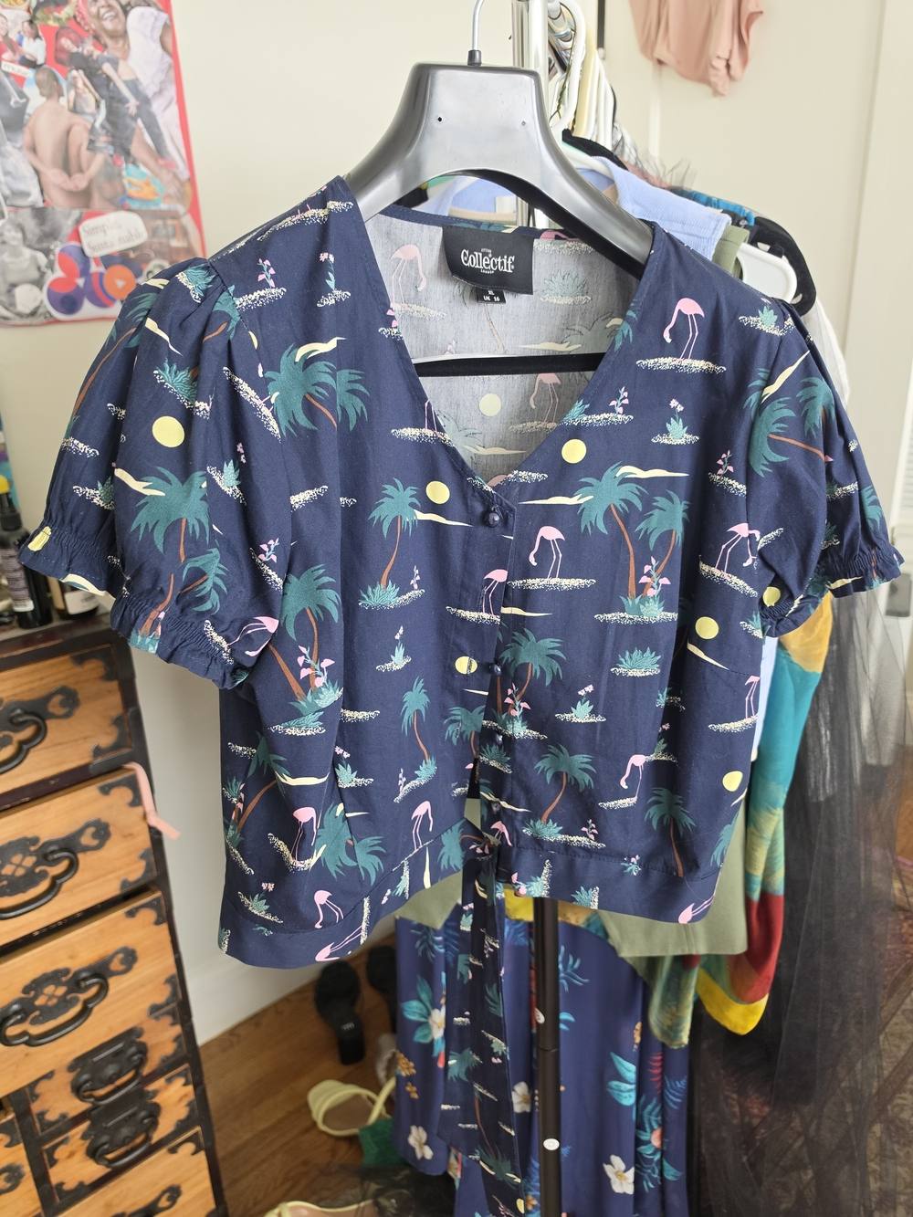 Collectif Wmns Navy Tropical Flamingo Button-Front Top w Pink & Green Accents
